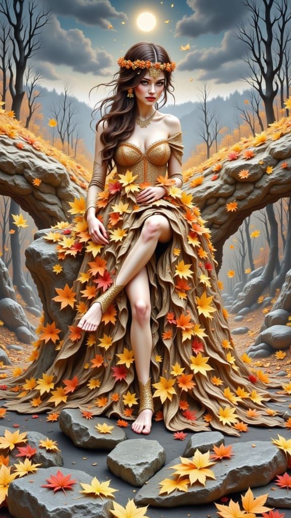 Autumn Goddess of Stone and Gold Leaves - Hyperrealism
