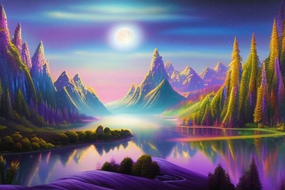 Iridescent Fantasy Landscape with Cosmic Night Sky