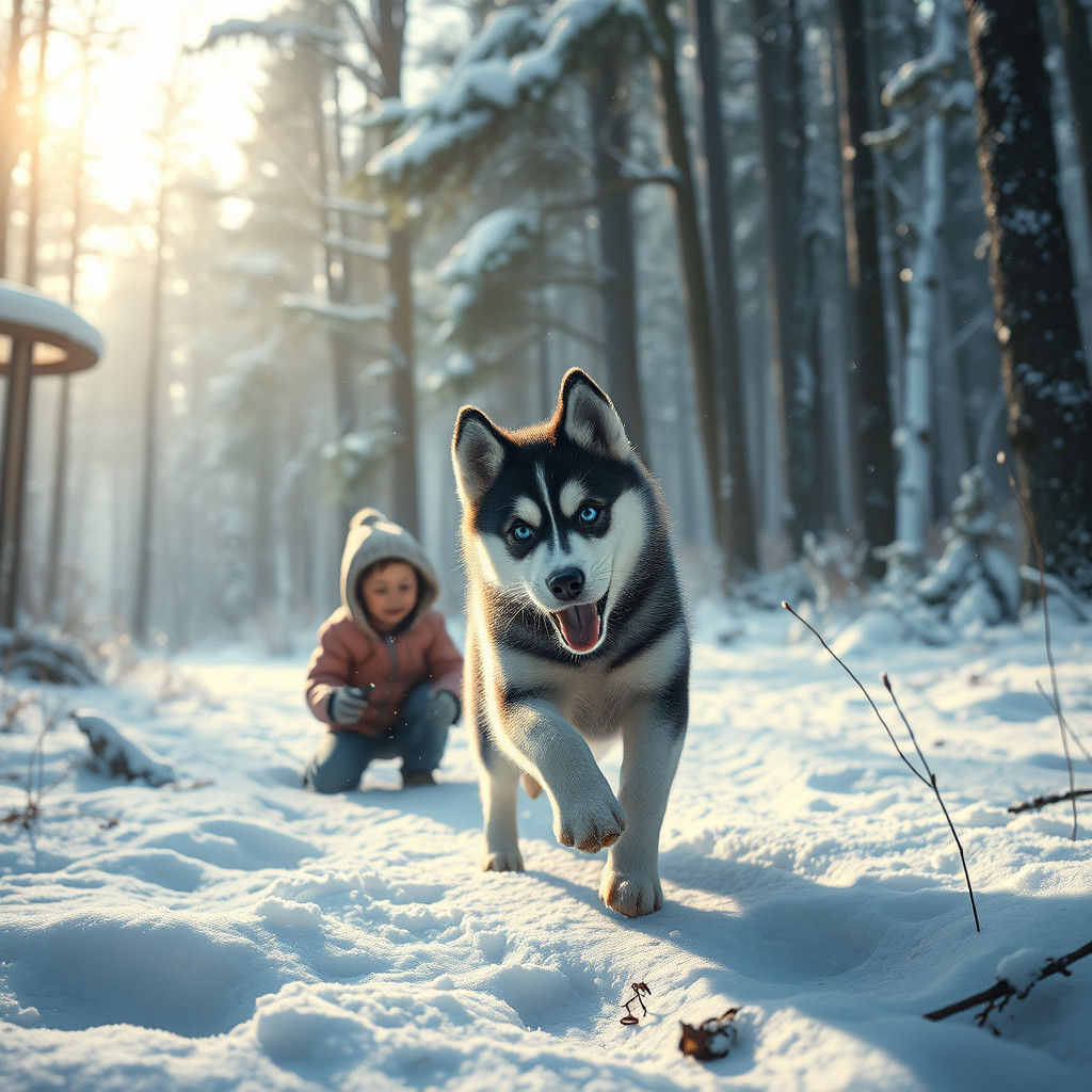 Husky Puppy Plays in Winter Forest
