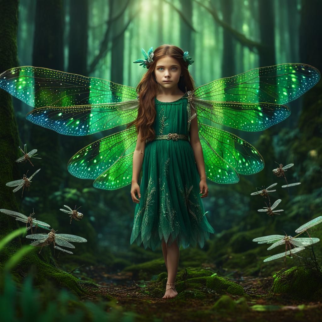 Girl with Dragonfly Wings in Forest, Fantasy Art