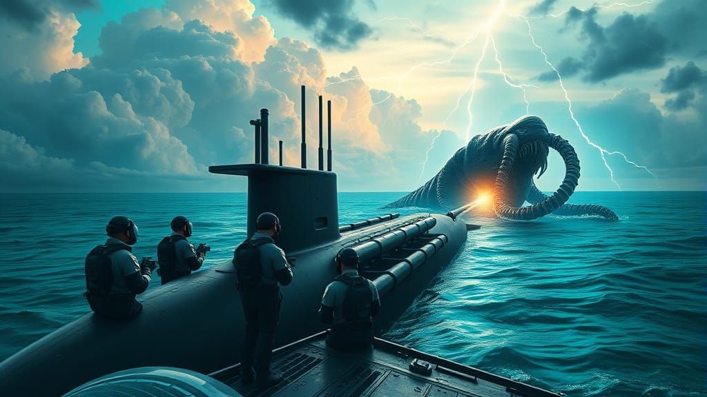 Futuristic Submarine Crew Battles Sea Monster