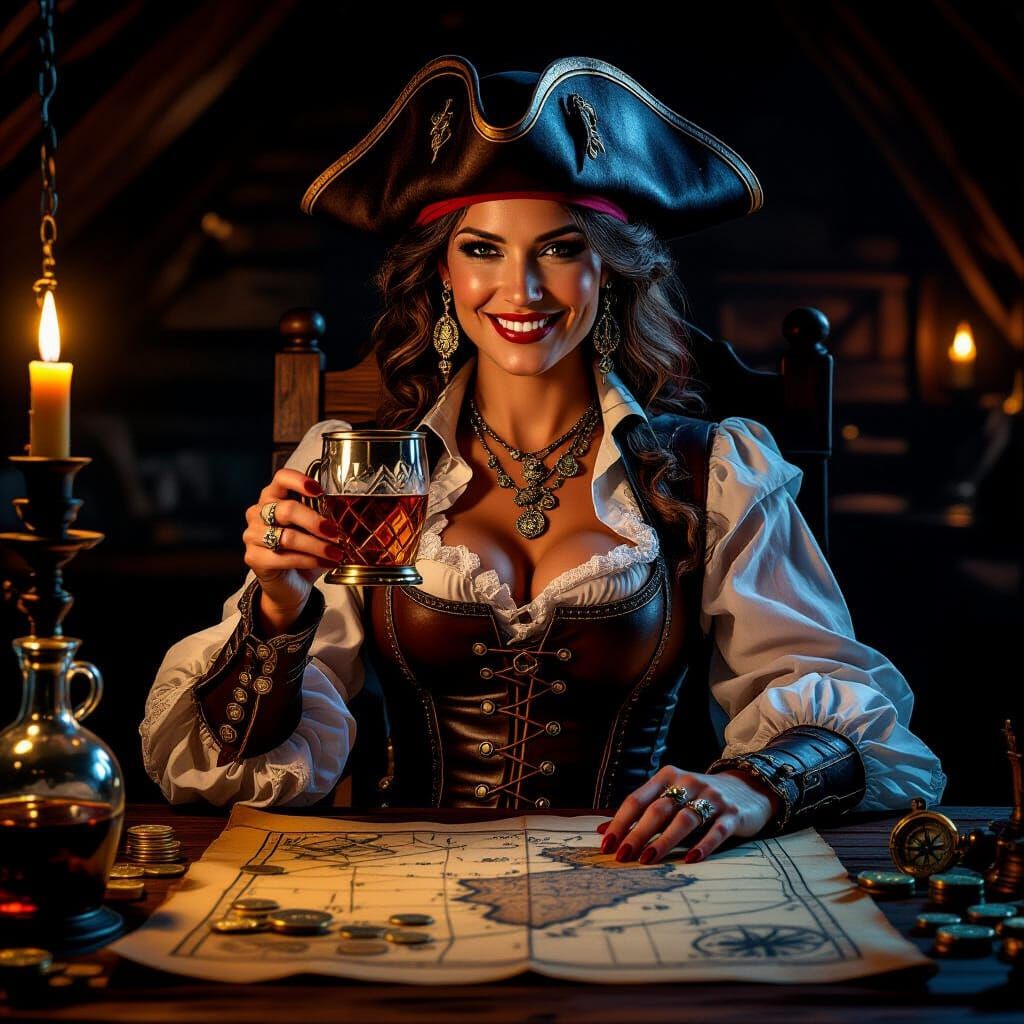 Gorgeous Pirate Captain in Dimly Lit Cabin