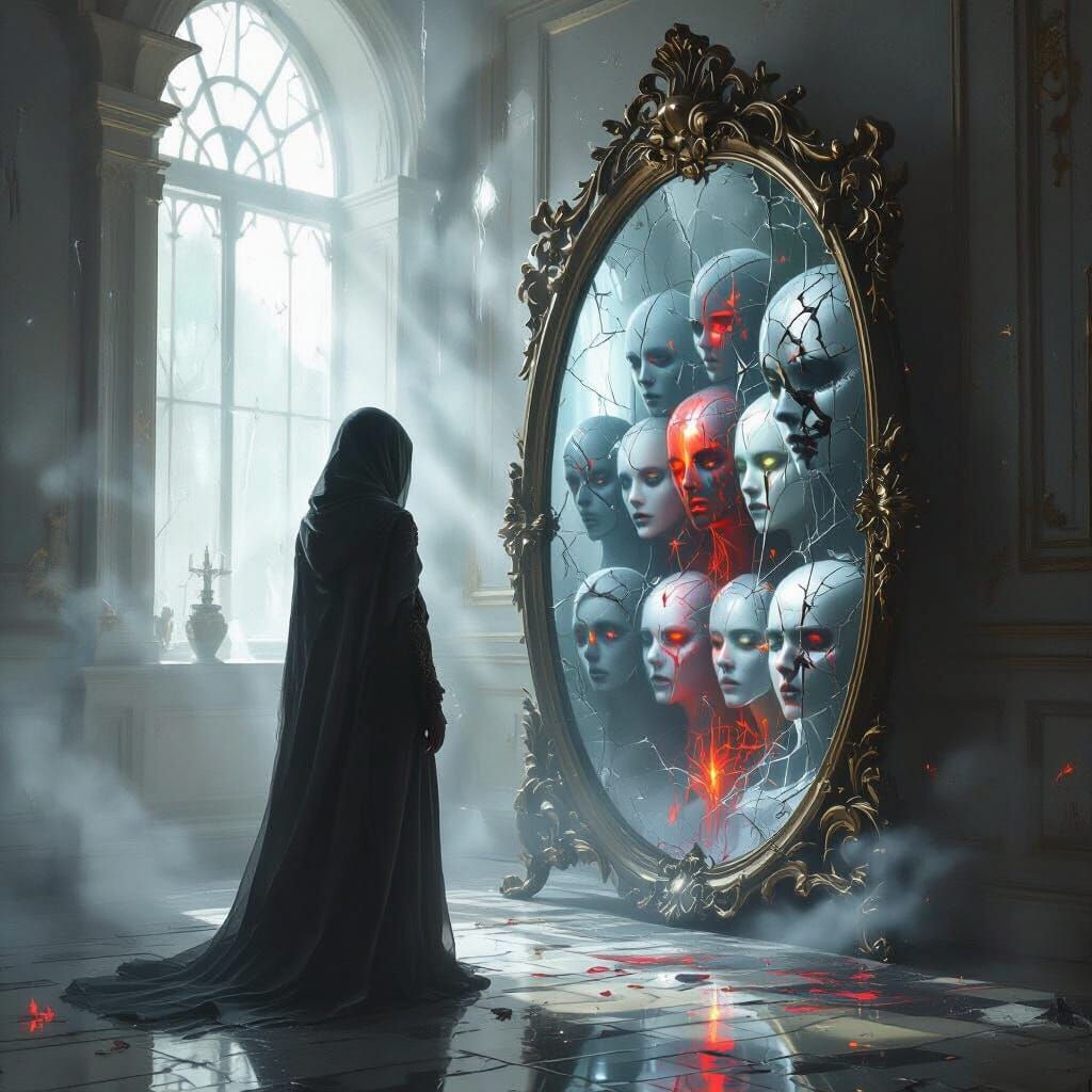 Figure Gazes into Mirror Showing Emotional Reflections