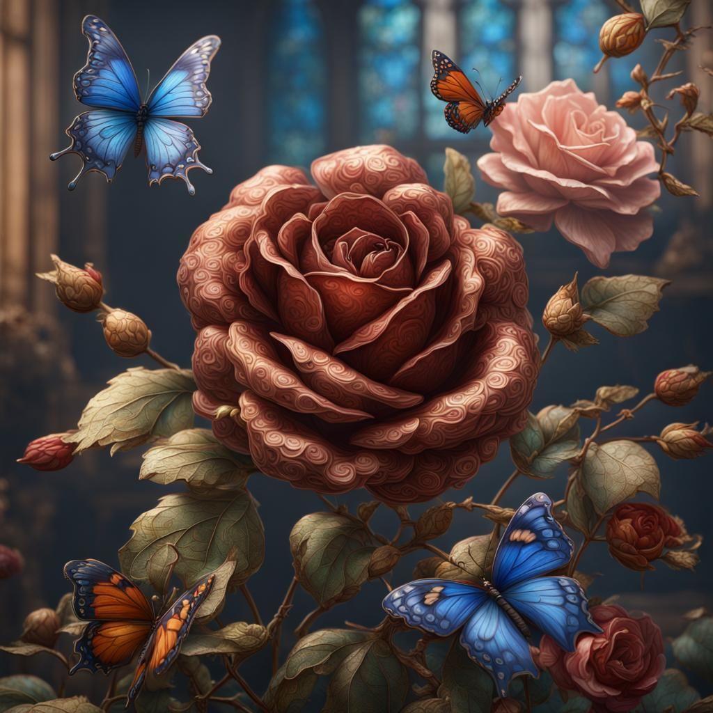 Cloisonne Rose and Butterfly Art