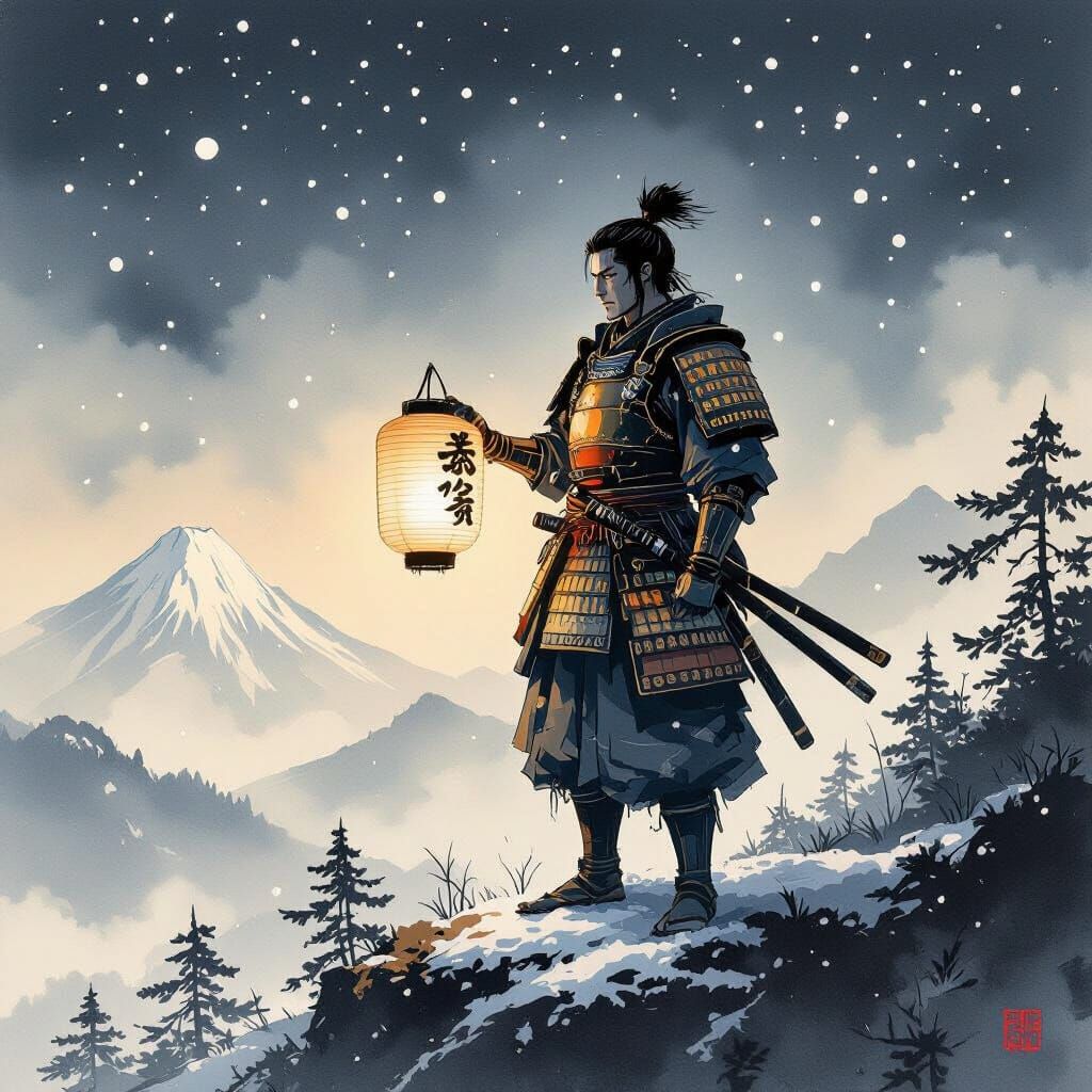 Samurai on Snowy Peak in Sumi-e Style