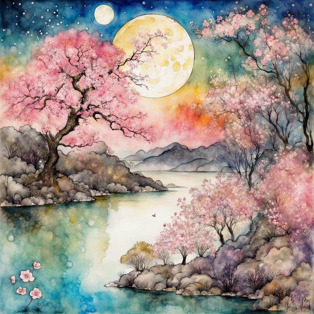 Cherry blossoms at full moon