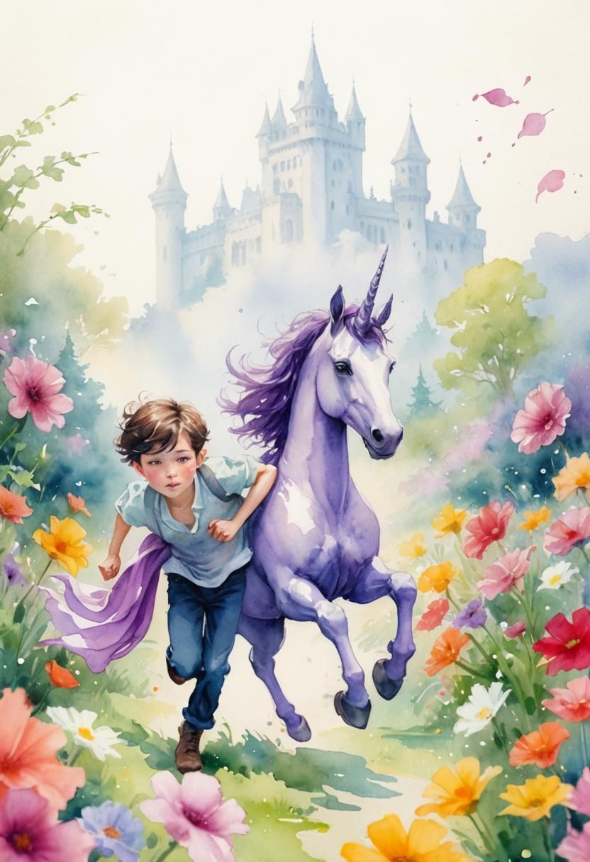 Teen Runs from Unicorn: Watercolor Illustration