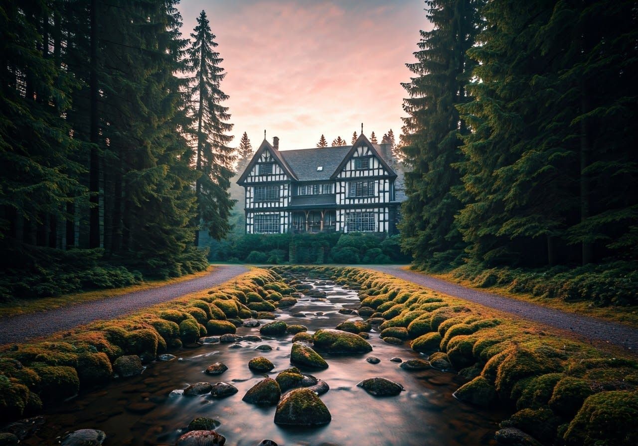 Tudor Villa in Evergreen Forest: Cinematic Film Still
