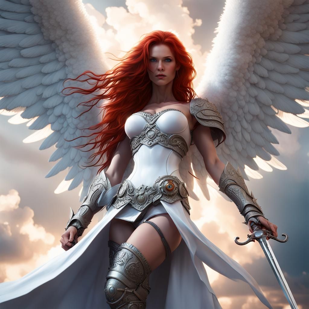 Red-Haired Angel in Clouds: Dark Fantasy Concept Art