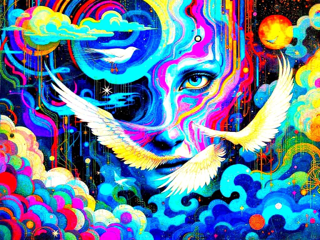 Surreal Birds in Art Deco Style Glitchcore Painting