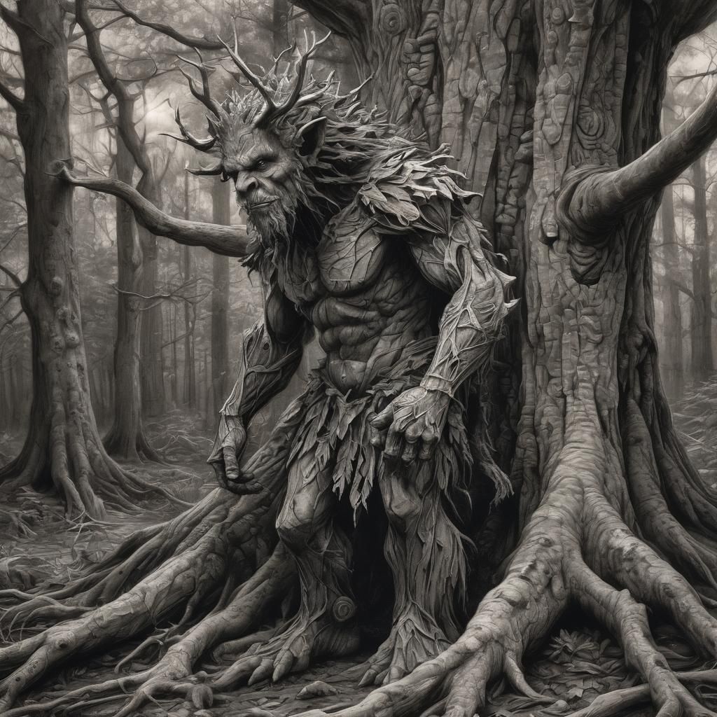 Mystical Forest Guardian Emerges in Charcoal Realism