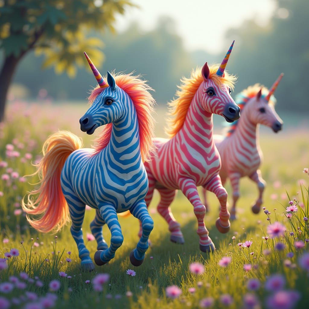 Rainbow Zebra Unicorns in Dreamy Meadow