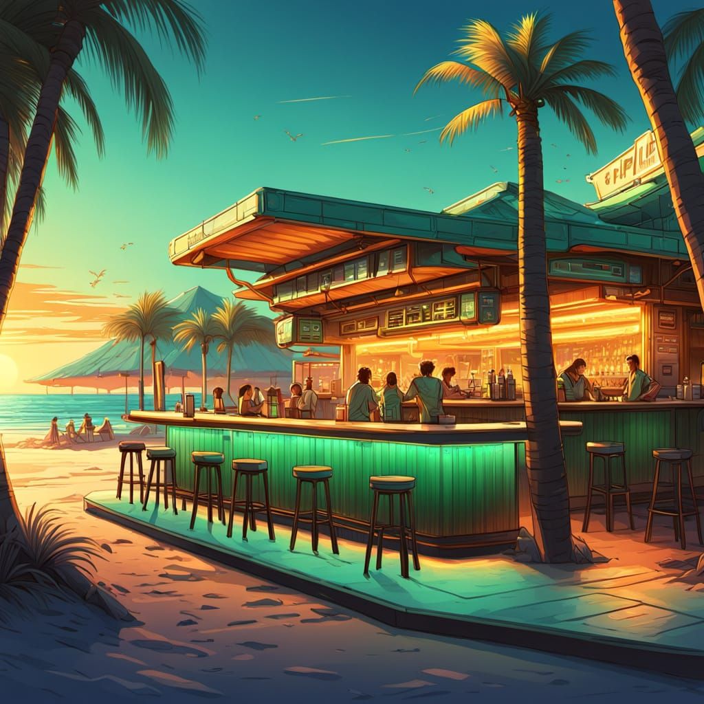 Futuristic Beach Bar at Sunset: Digital Concept Art