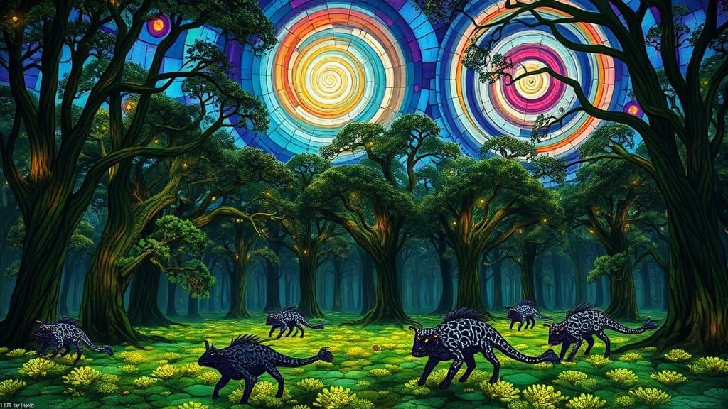 Stained Glass Forest Glade Under Nebulae