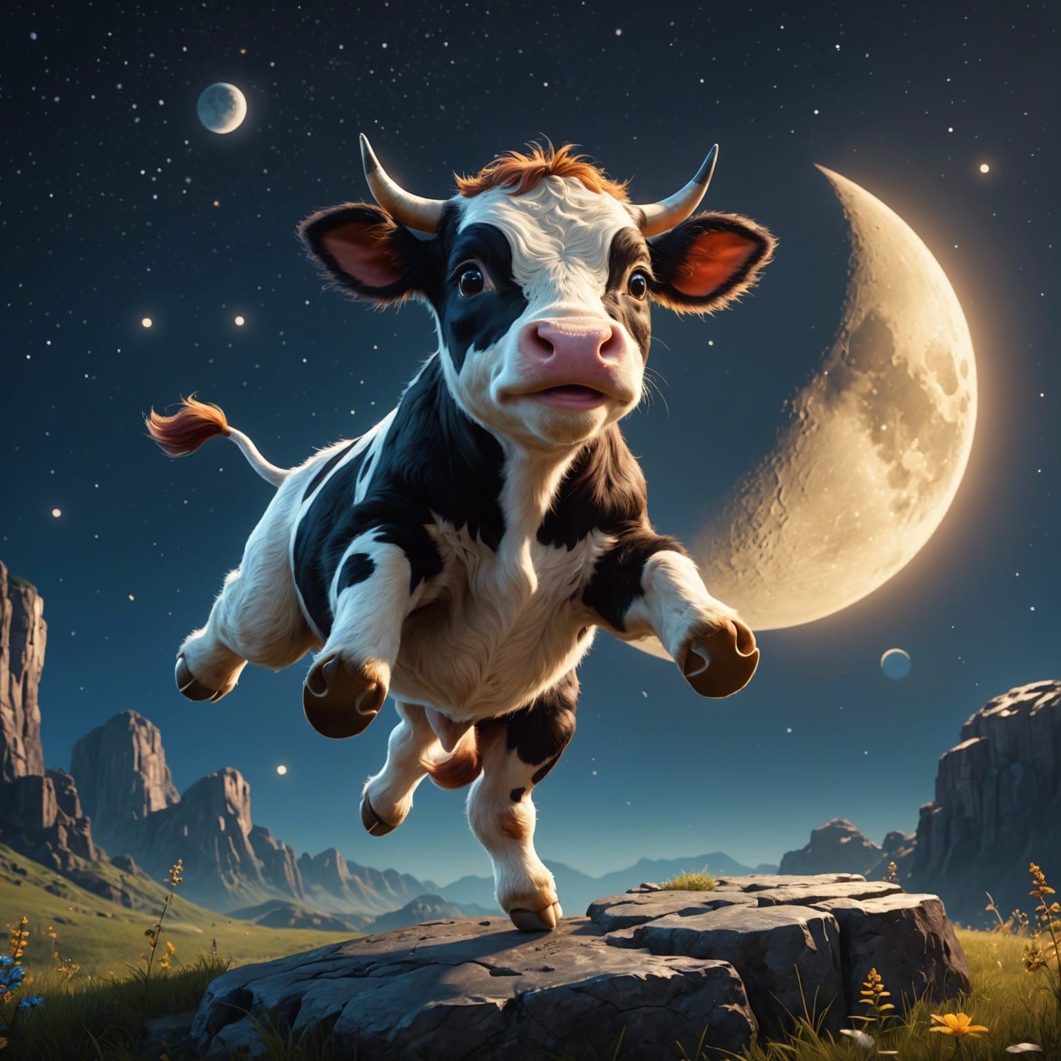 Cute Cow Jumps Over Moon: Fantasy Concept Art