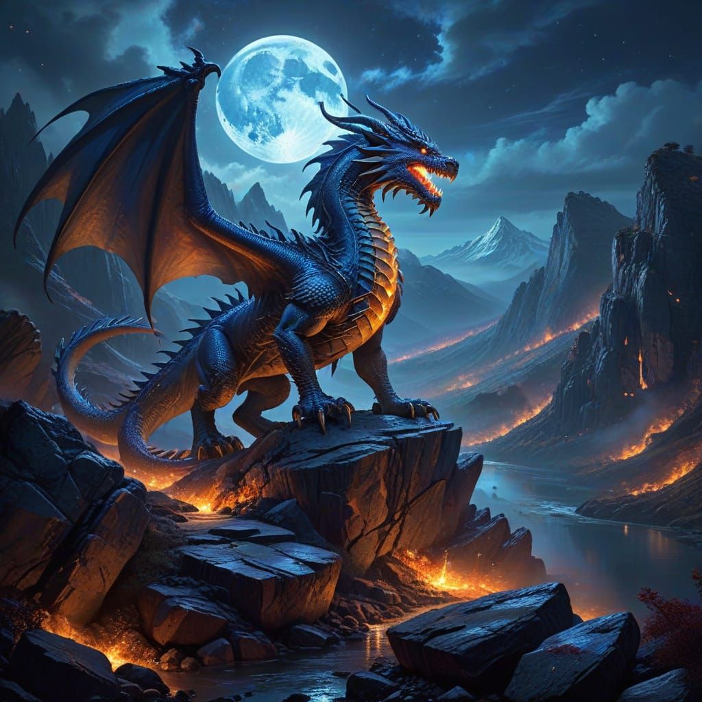 Majestic Dragon Overlooking Moonlit Valley in Oil Painting
