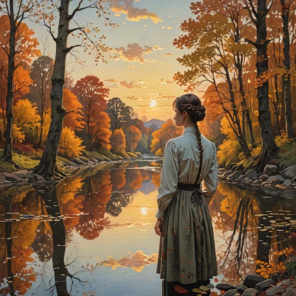 Autumn Sunset Reflection Over Serene River Landscape