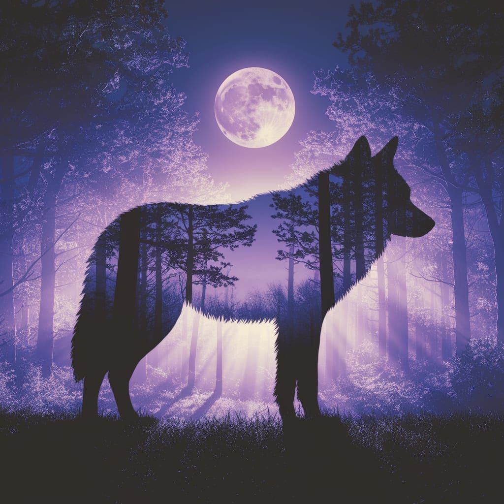 Wolf Silhouette Under Luminous Full Moon in Enchanted Forest