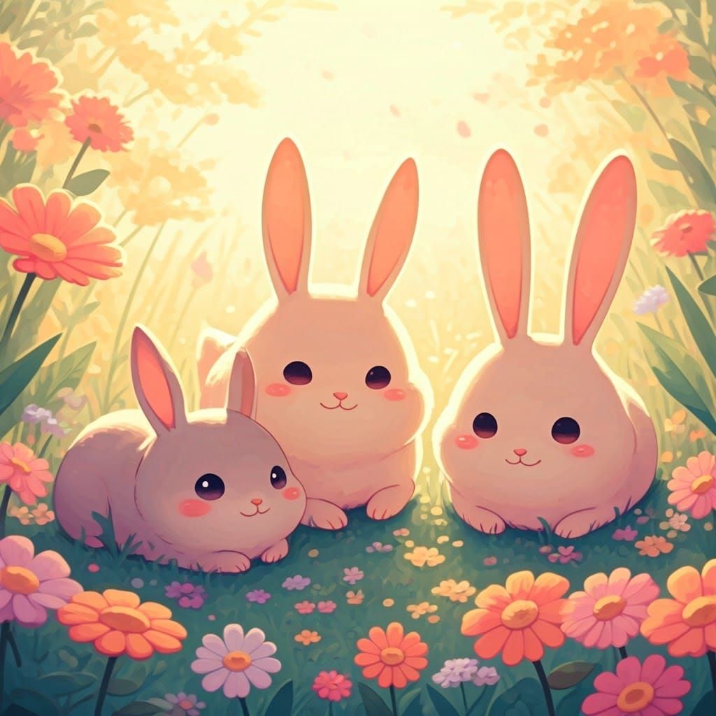 Kawaii Pastel Animals in Lush Meadow, Anime Style
