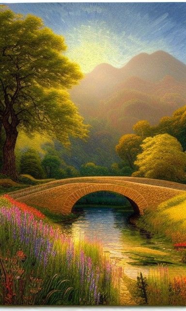 Scenic Landscape Painting with Stone Bridge in Golden Light