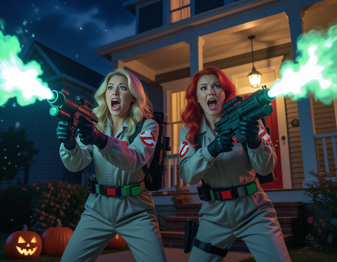 Ghostbuster Women Battle Green Ghost on Halloween Night