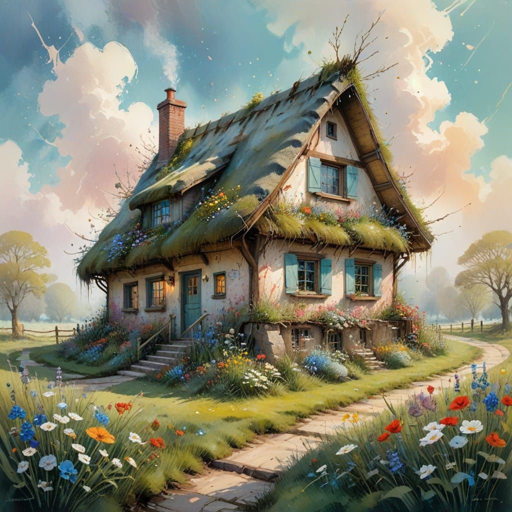 Whimsical Watercolor Cottage Scene in Soft Pastel Hues