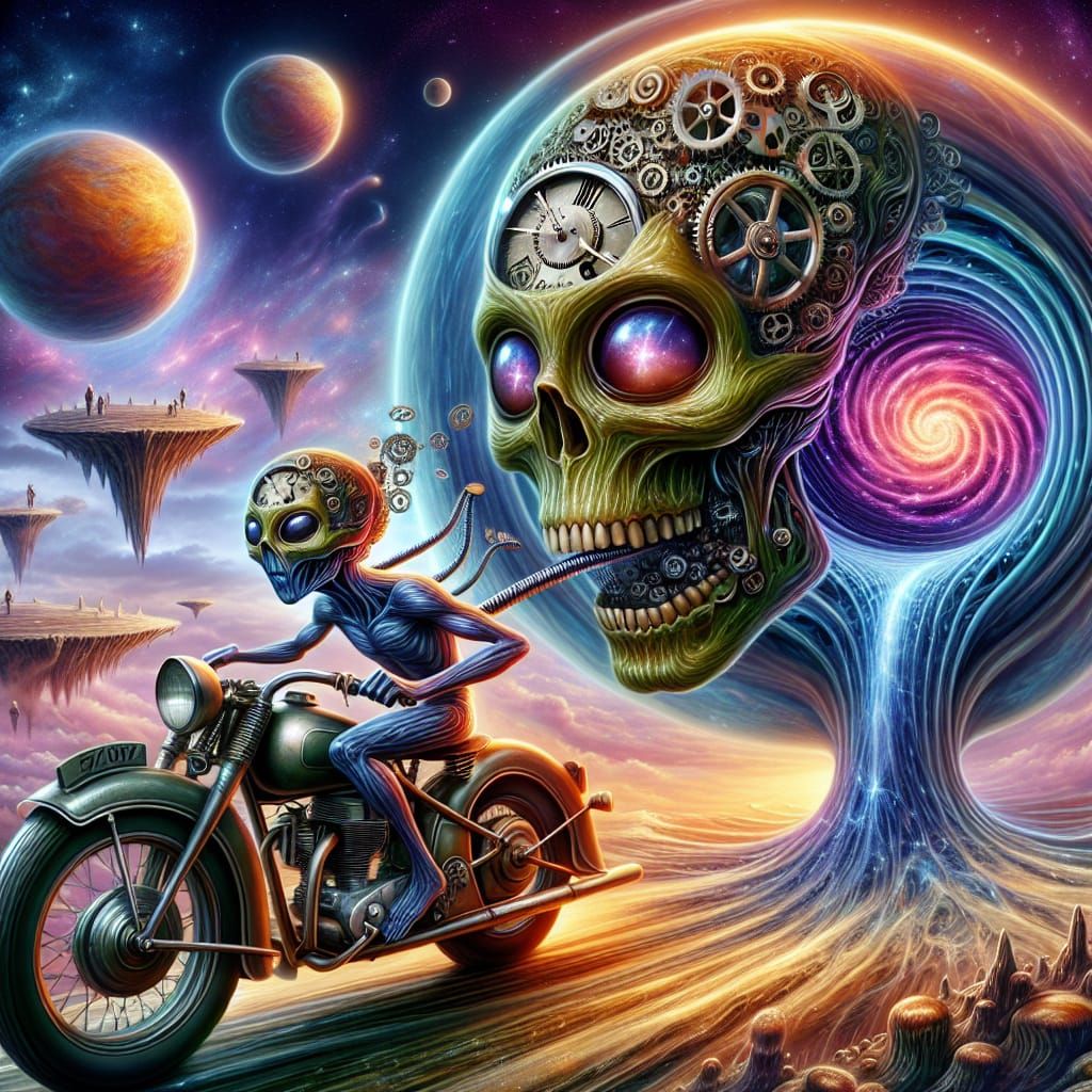Clockwork Alien Rides Motorcycle Through Wormhole