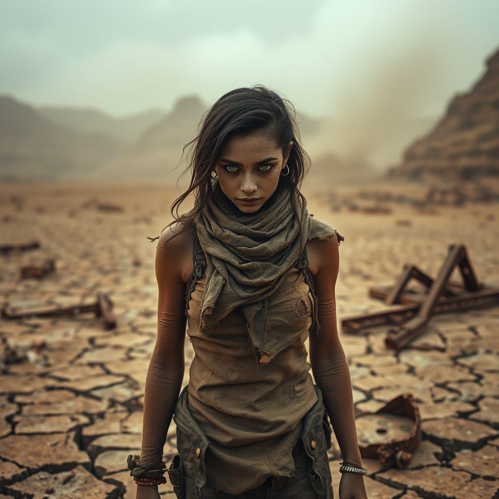 Hopeful Mother in Post-Apocalyptic Landscape