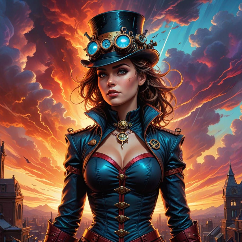 Steampunk Goddess in Vibrant Comic Book Art