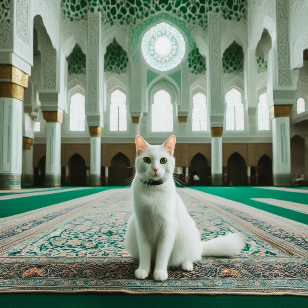 Cute White Cat in Green Mosque Interior