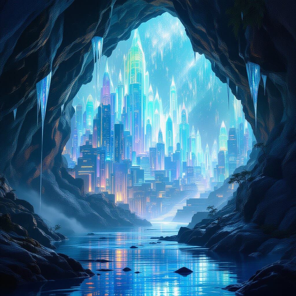 Bioluminescent Geode City in Ethereal Fantasy Concept Art