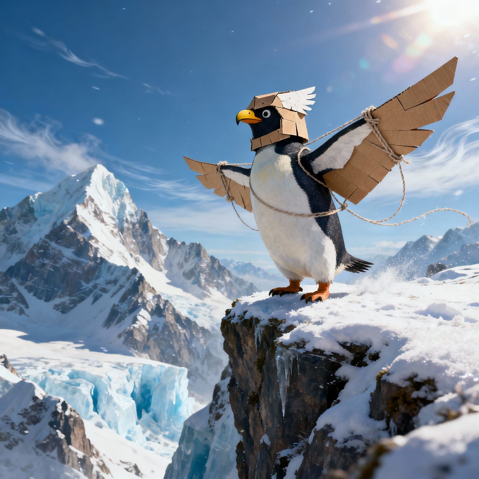 Penguin Adventurer in Eagle Helmet Ready to Leap