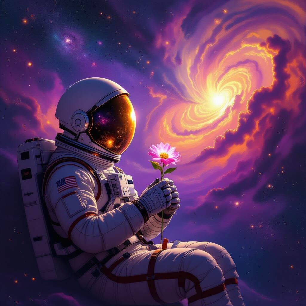 Astronaut Adrift in Nebula Holding Glowing Flower