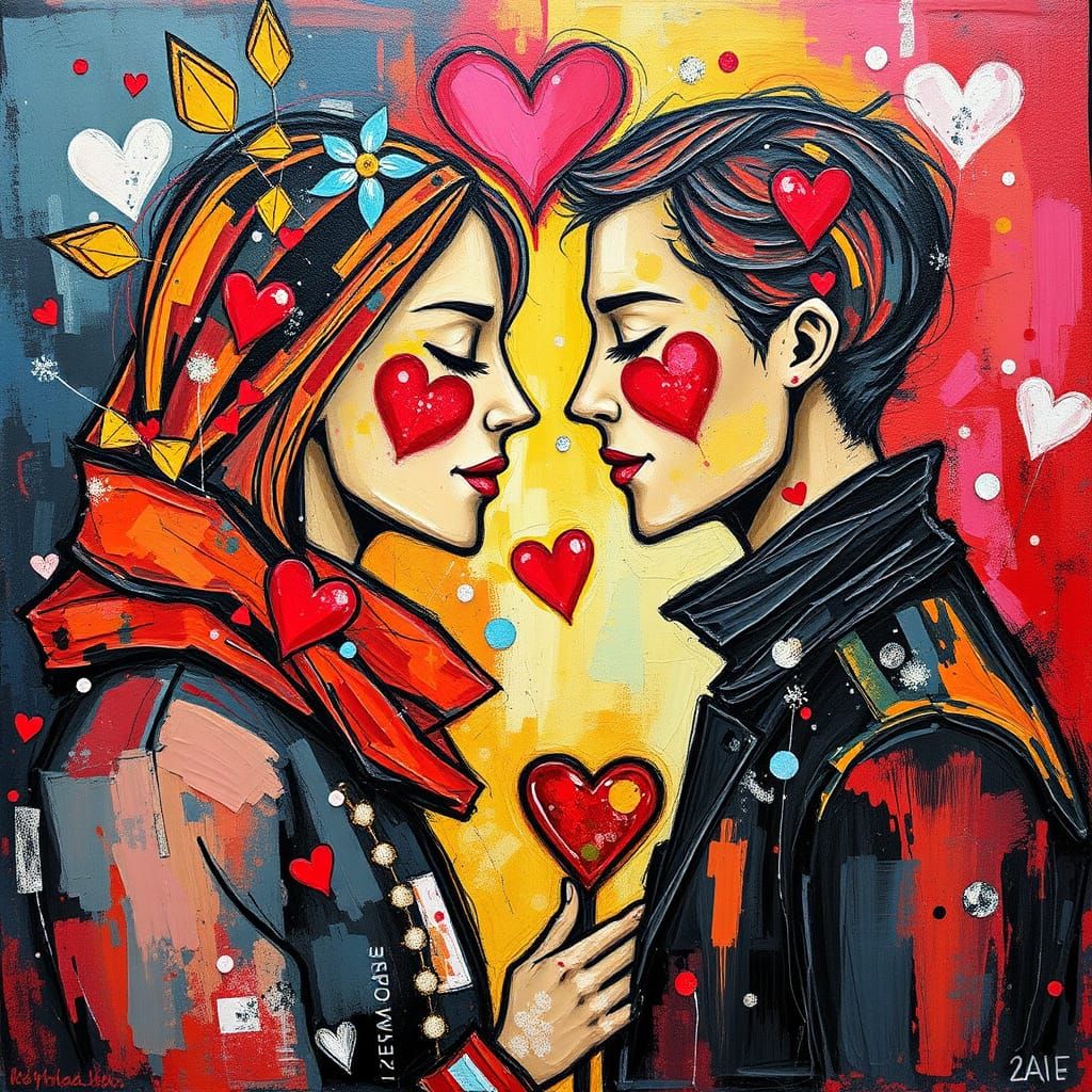Abstract Valentine's Day Couple in Thick Binarized Brushstro...