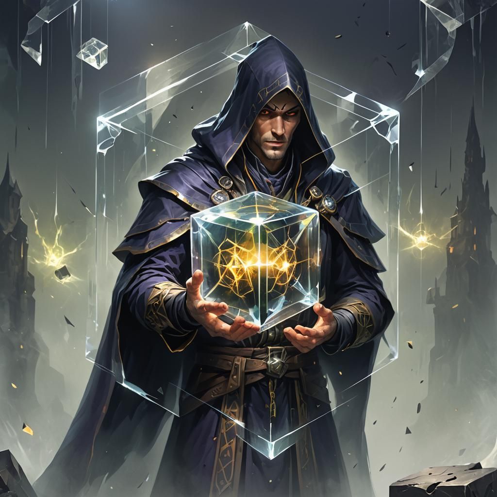 Warlock Gazing at Transparent Cube with Twin