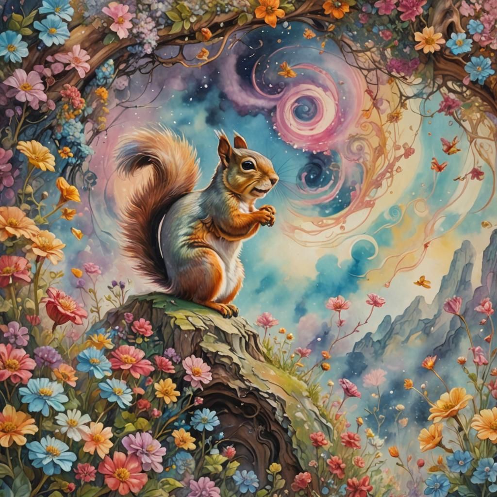 Surrealism in Vibrant Watercolour: A Small Squirrel Amidst a...