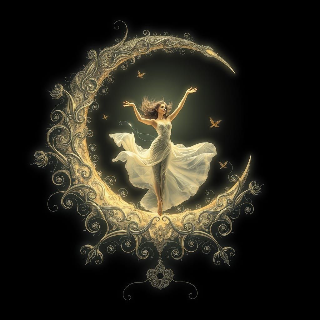 Woman Dancing on Fractal Moon in Digital Art Style