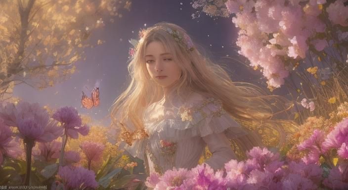 Iridescent Butterfly in Swirling Flowers, Romantic Surrealis...