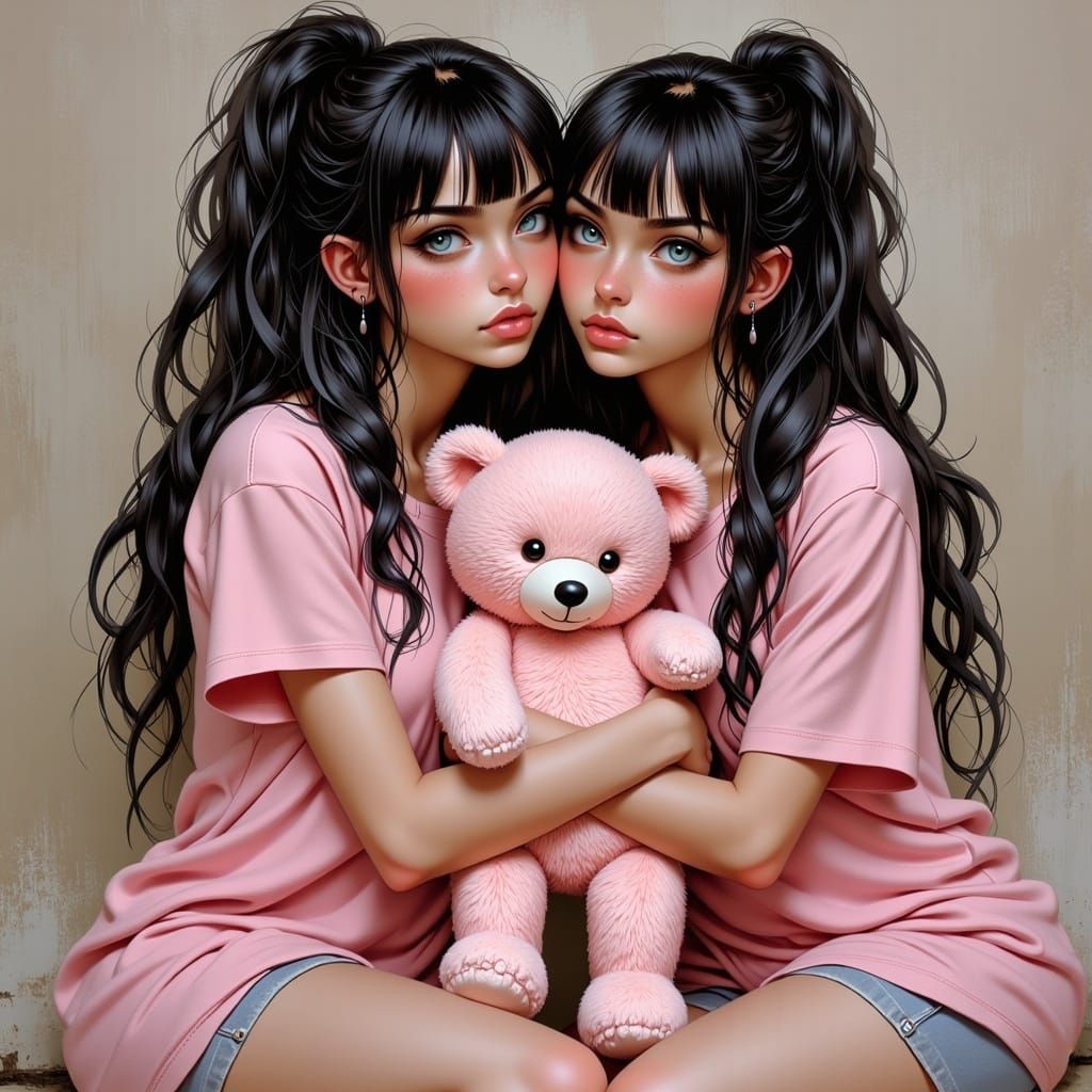 Identical Women with Teddy Bears in Dreamy Style