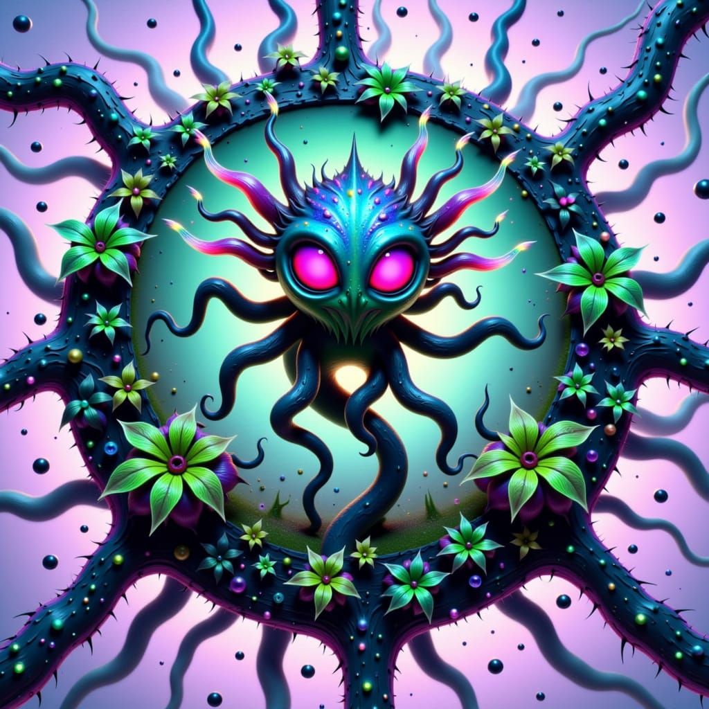 Iridescent Alien Plant in Eerie Forest