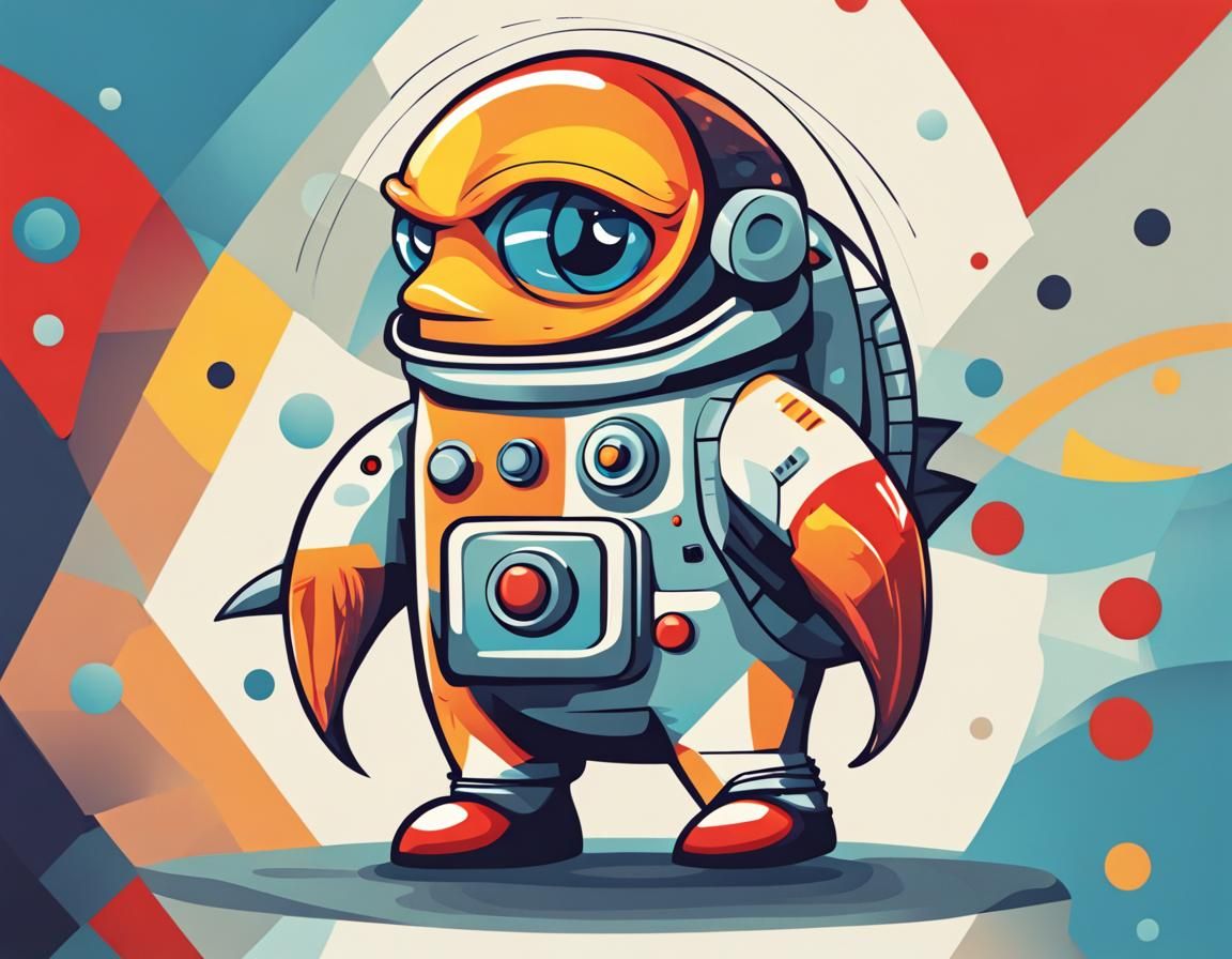 Cubist Cartoon Fish in Spacesuit