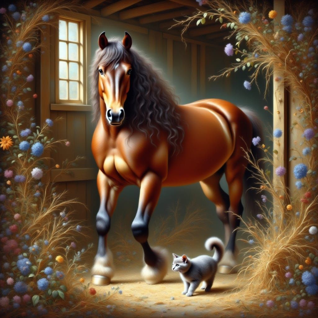 Majestic Horse and Playful Kitten in Rustic Barn