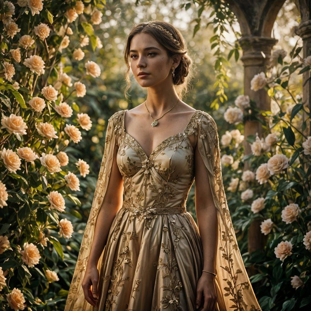 Regal Woman in Golden Light with Flowing Hair