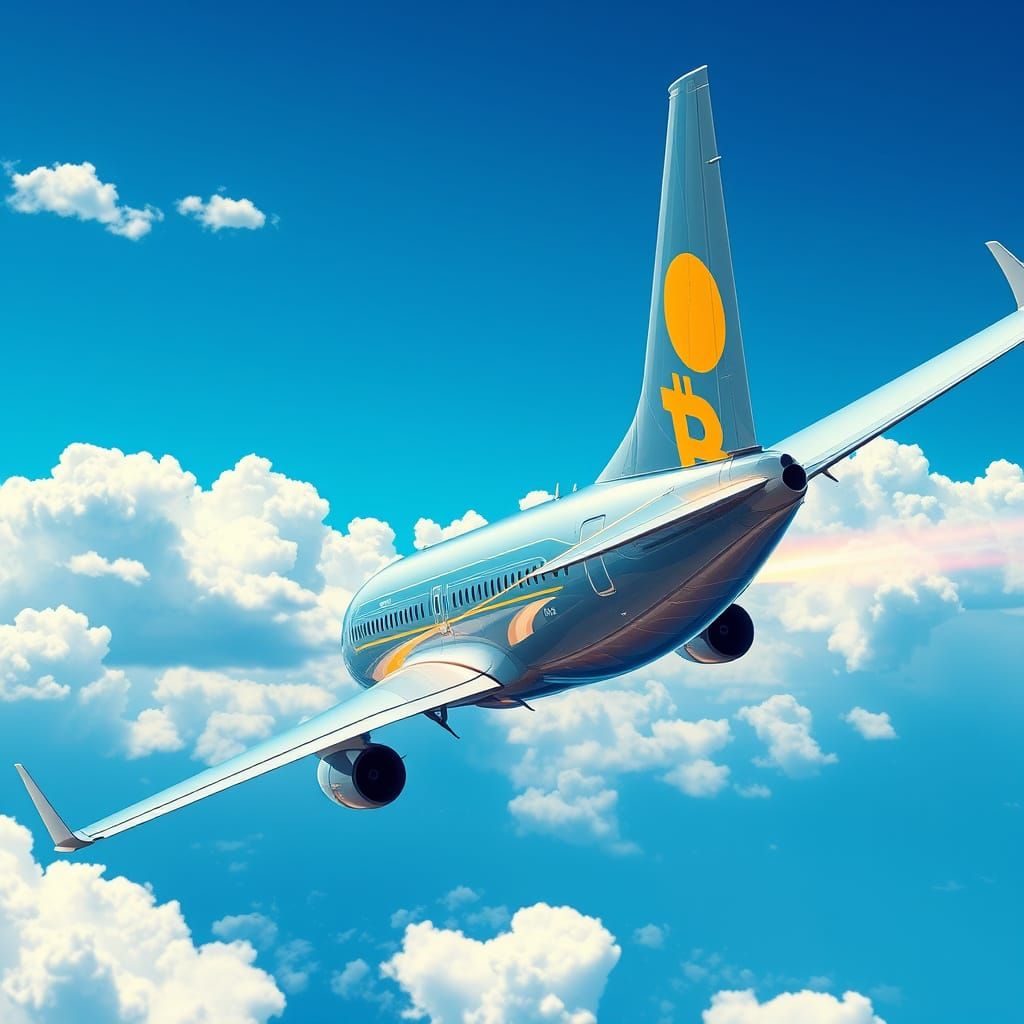 Sleek Silver Boeing 737 Soars with Bitcoin Logo in Futuristi...