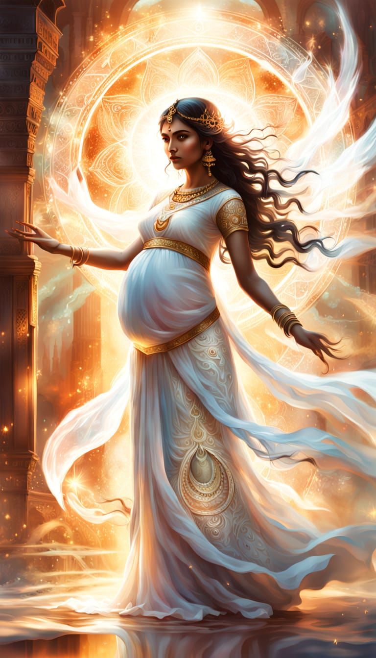 Ethereal Goddess Protected by Heavenly Portal in Vibrant Dig...