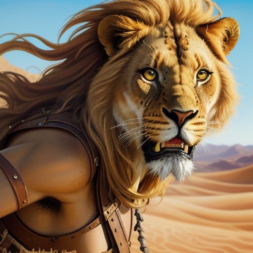 Female Barbarian with Lion in Impressionist Style