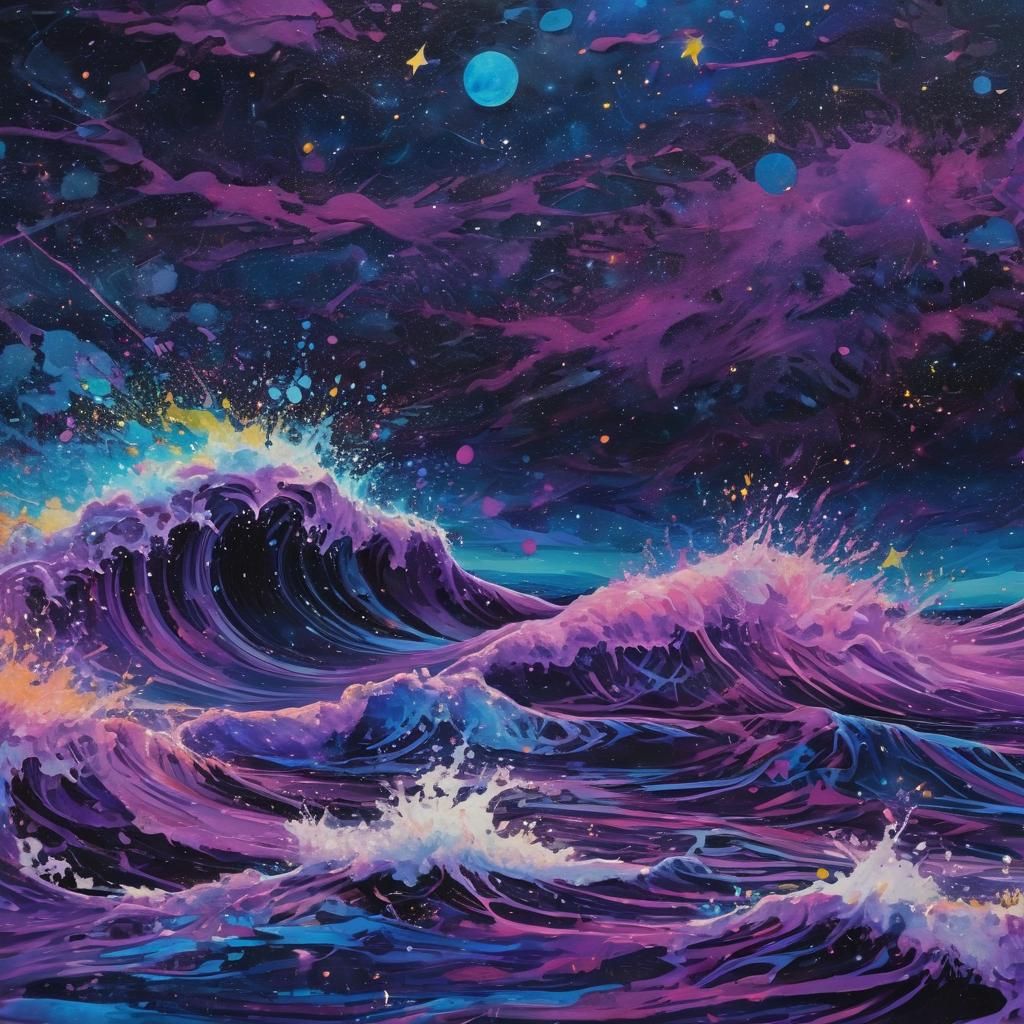 Surreal Graffiti Art: Waves Under Starry Sky