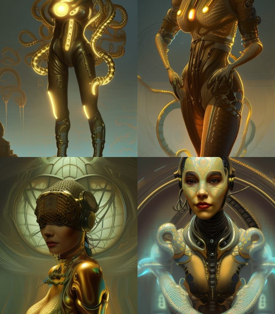 Cyborg woman dressed in snake 8k resolution concept art art nouveau rococo architecture by Greg Rutkowski detailed matte...