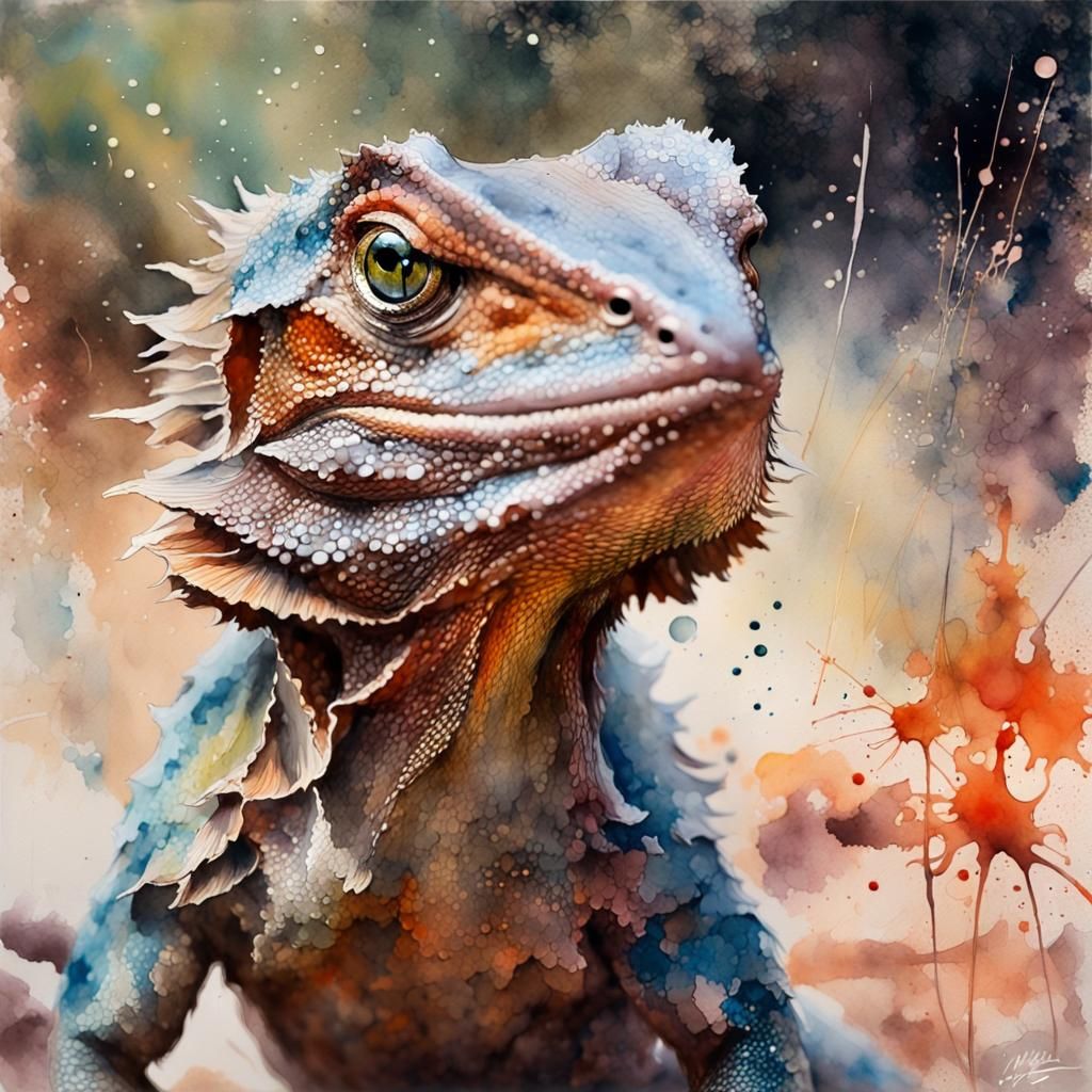 Frilled-Neck Lizard Portrait in Watercolor, Neo-Impressionis...