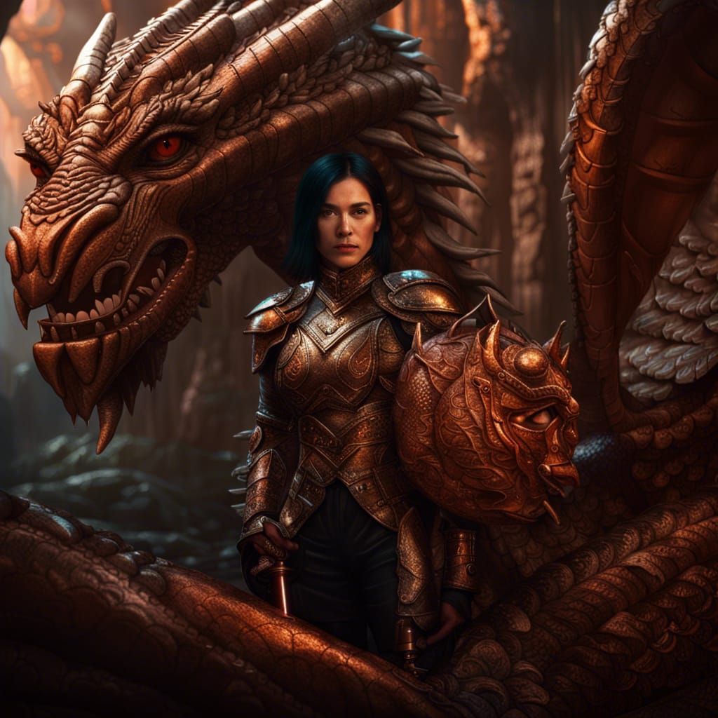 Woman and Copper Dragon in Cave: Digital Matte Painting